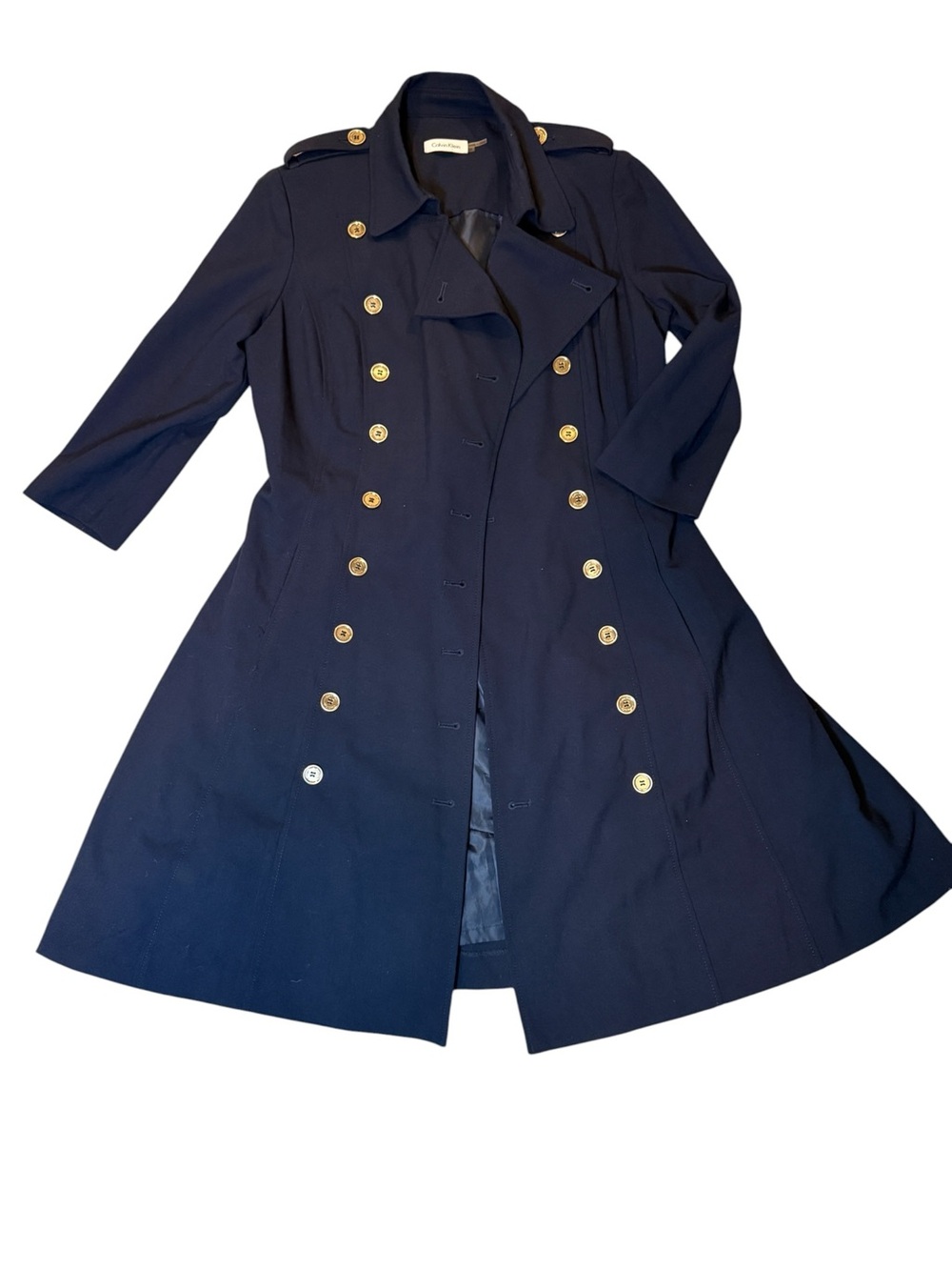 Calvin Klein Navy Double-Breasted Trench Coat with Gold Buttons